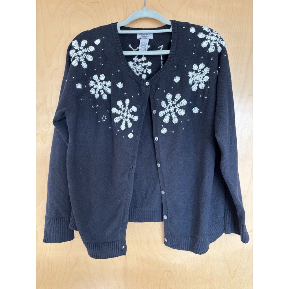 Women's Vintage Cardigan Sweater Black Snowflakes Button Up Size XXL